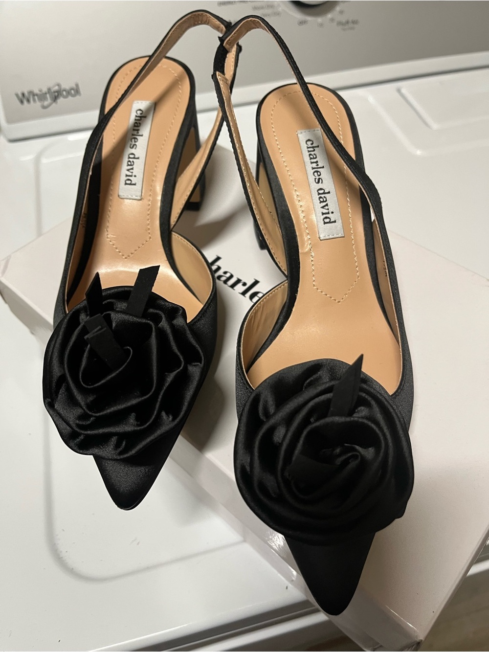 Charles David Black Satin Pointed Slingback Heels with Rosette